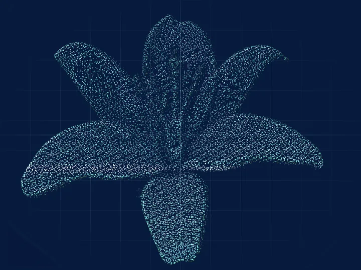 The same lily as a point cloud of cyan-green dots built from its depth map, over a measurement grid.